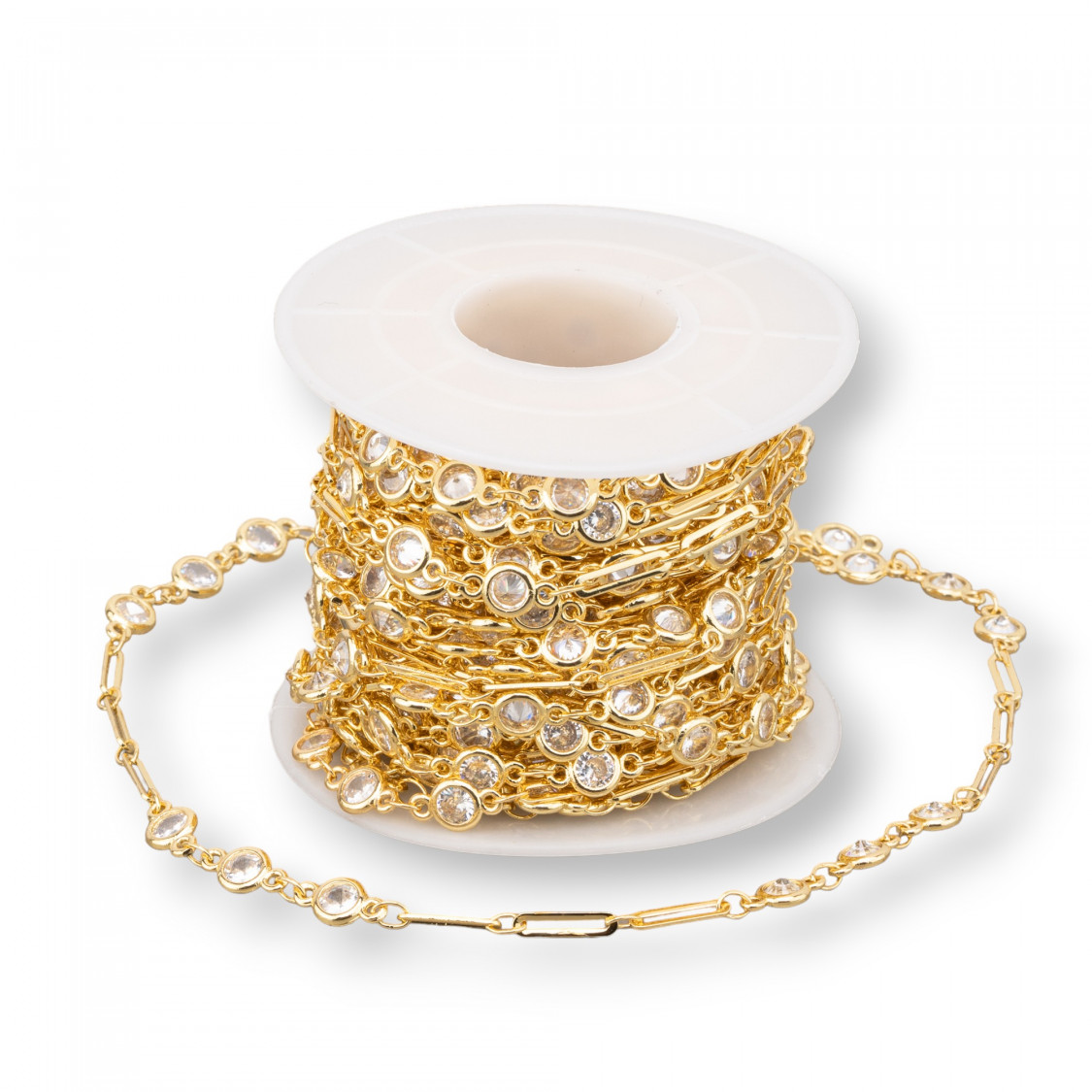 Catena Rosario Di Ottone Con Zircone Tondo 5,5mm e Maglia Rettangolo 1 Metro Dorato Trasparente-CATENE CON PERLINE INCASTONATE | Worldofjewel.com