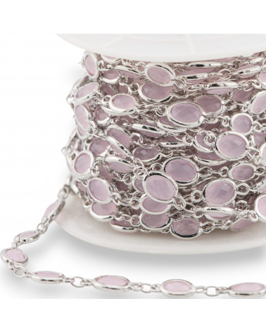 Brass Rosary Chain With Cat's Eye Cabochon Oval 5.5x7.0mm 1 Meter Rhodium Plated Rose-CATENE CON PIETRE E CRISTALLI | Worldofjewel.com