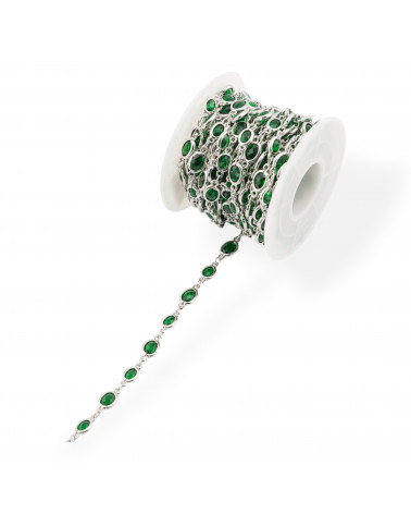Catena Rosario Di Ottone Con Occhio Di Gatto Cabochon Ovale 5,5x7,0mm 1 Metro Rodiato Verde Smeraldo-CATENE CON PERLINE INCASTONATE | Worldofjewel.com