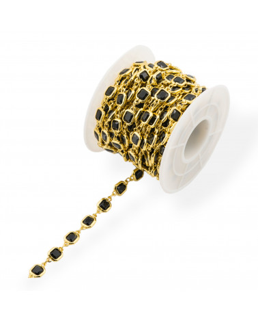 Catena Rosario Di Ottone Con Occhio Di Gatto Cabochon Quadrato 7mm 1 Metro Dorato Nero-CATENE CON PERLINE INCASTONATE | Worldofjewel.com