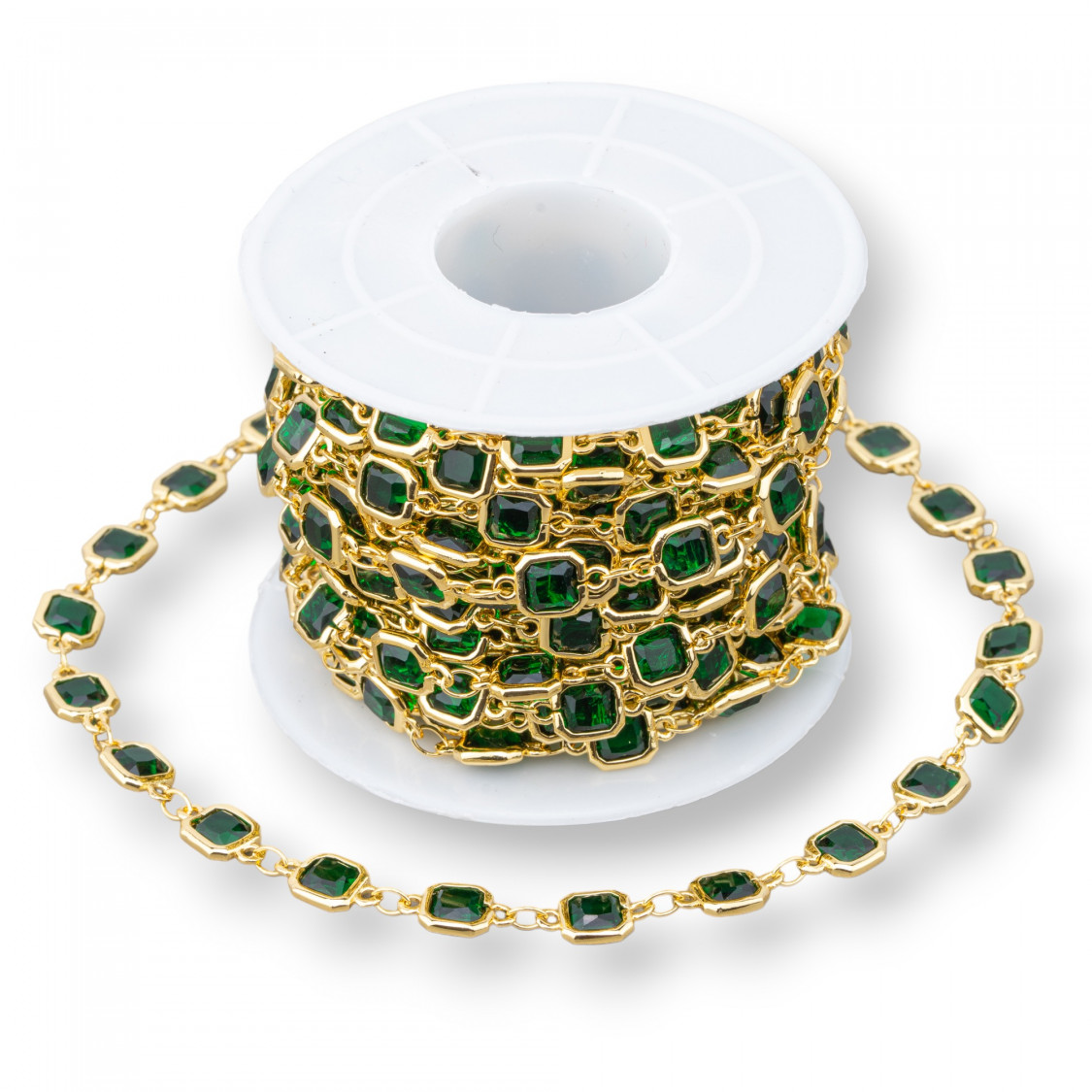 Catena Rosario Di Ottone Con Occhio Di Gatto Cabochon Quadrato 7mm 1 Metro Dorato Verde Smeraldo-CATENE CON PERLINE INCASTONATE | Worldofjewel.com