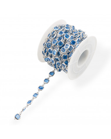 Catena Rosario Di Ottone Con Occhio Di Gatto Cabochon Quadrato 7mm 1 Metro Rodiato Azzurro-CATENE CON PERLINE INCASTONATE | Worldofjewel.com