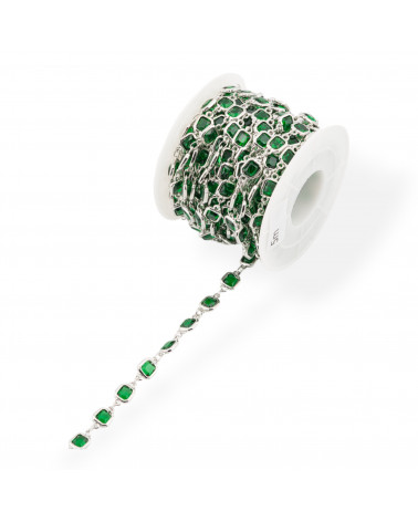 Catena Rosario Di Ottone Con Occhio Di Gatto Cabochon Quadrato 7mm 1 Metro Rodiato Verde Smeraldo-CATENE CON PERLINE INCASTONATE | Worldofjewel.com
