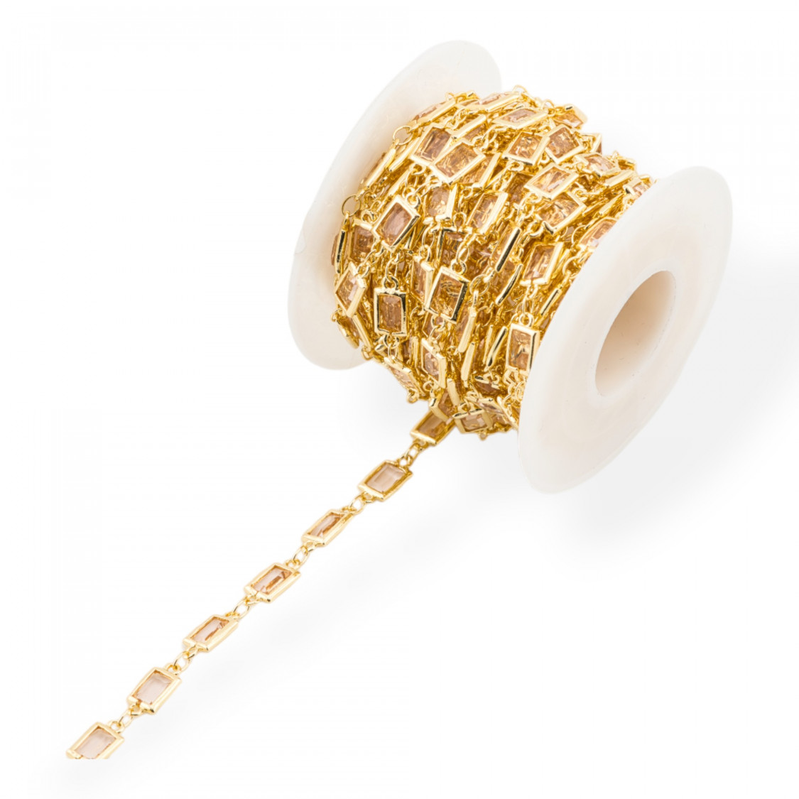 Catena Rosario Di Ottone Con Occhio Di Gatto Cabochon Rettangolo 5,5x7,5mm 1 Metro Dorato Champagne-CATENE CON PERLINE INCASTONATE | Worldofjewel.com