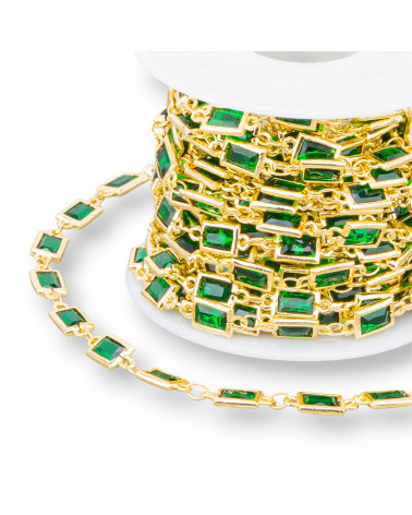 Catena Rosario Di Ottone Con Occhio Di Gatto Cabochon Rettangolo 5,5x7,5mm 1 Metro Dorato Smeraldo-CATENE CON PERLINE INCASTONATE | Worldofjewel.com