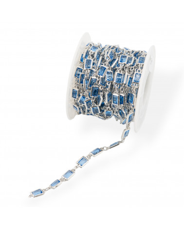 Catena Rosario Di Ottone Con Occhio Di Gatto Cabochon Rettangolo 5,5x7,5mm 1 Metro Rodiato Celeste-CATENE CON PERLINE INCASTONATE | Worldofjewel.com