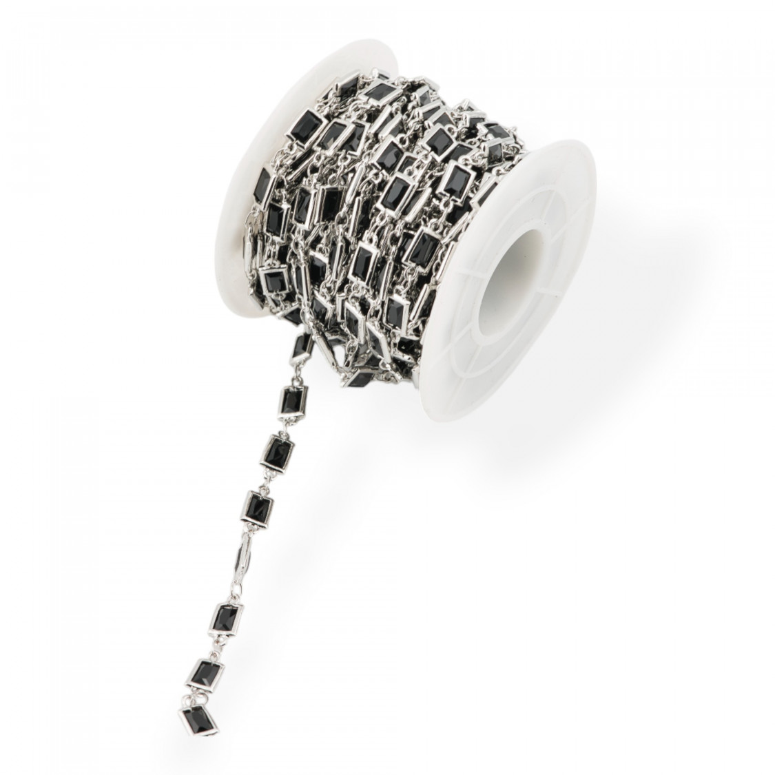 Catena Rosario Di Ottone Con Occhio Di Gatto Cabochon Rettangolo 5,5x7,5mm 1 Metro Rodiato Nero-CATENE CON PERLINE INCASTONATE | Worldofjewel.com