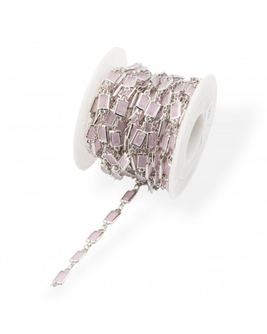 Catena Rosario Di Ottone Con Occhio Di Gatto Cabochon Rettangolo 5,5x7,5mm 1 Metro Rodiato Rosa-CATENE CON PERLINE INCASTONATE | Worldofjewel.com