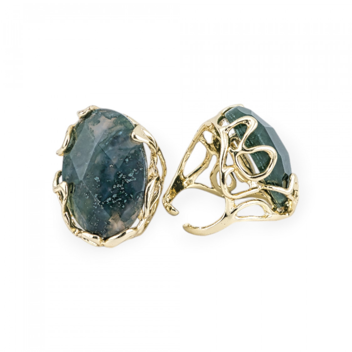 Anello Regolabile in Bronzo Dorato Collezione AURORA-1 con Pietre Dure Ovale Ossidiana | Gioiello Artigianale Donna 28x32mm-ANELLI BRONZO CON PIETRE INCASTONATE | Worldofjewel.com