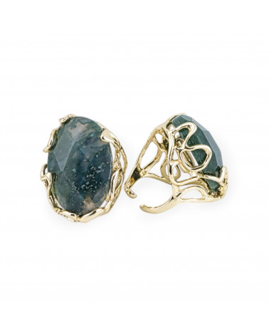 Anello Regolabile in Bronzo Dorato Collezione AURORA-1 con Pietre Dure Ovale Ossidiana | Gioiello Artigianale Donna 28x32mm-ANELLI BRONZO CON PIETRE INCASTONATE | Worldofjewel.com