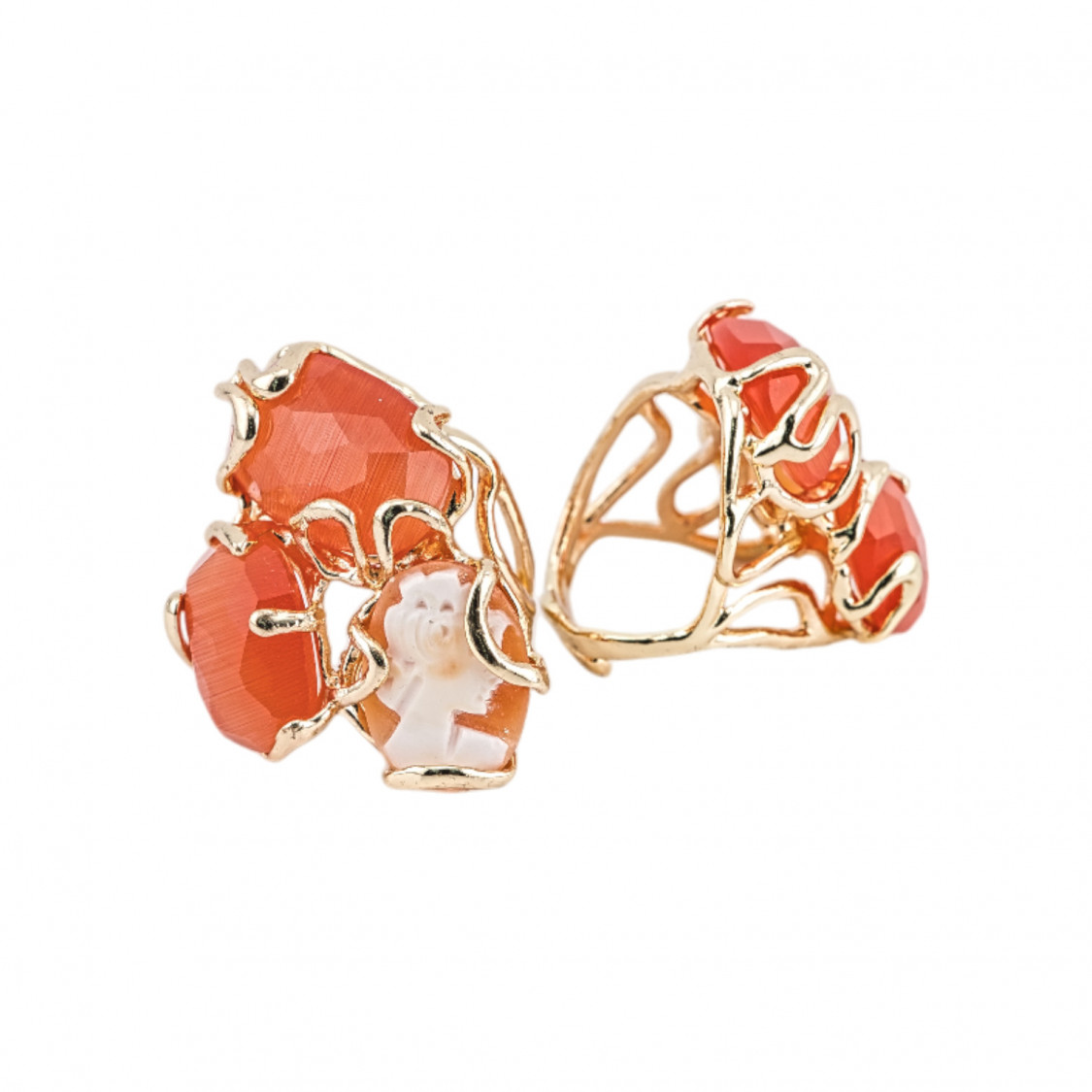 Bronze Ring AURORA Collection 32x36mm With Cat's Eye Adjustable Size With Orange Golden Natural Cameo-BRONZE RINGS AND CAT'S EYE | Worldofjewel.com