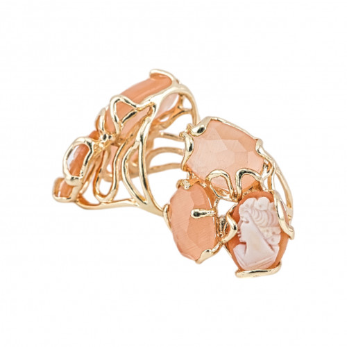 Anello Regolabile in Bronzo Dorato Collezione AURORA con Occhio Di Gatto Con Cammeo Naturale Arancione Chiaro | Gioiello Arti-ANELLI BRONZO CON PIETRE INCASTONATE | Worldofjewel.com