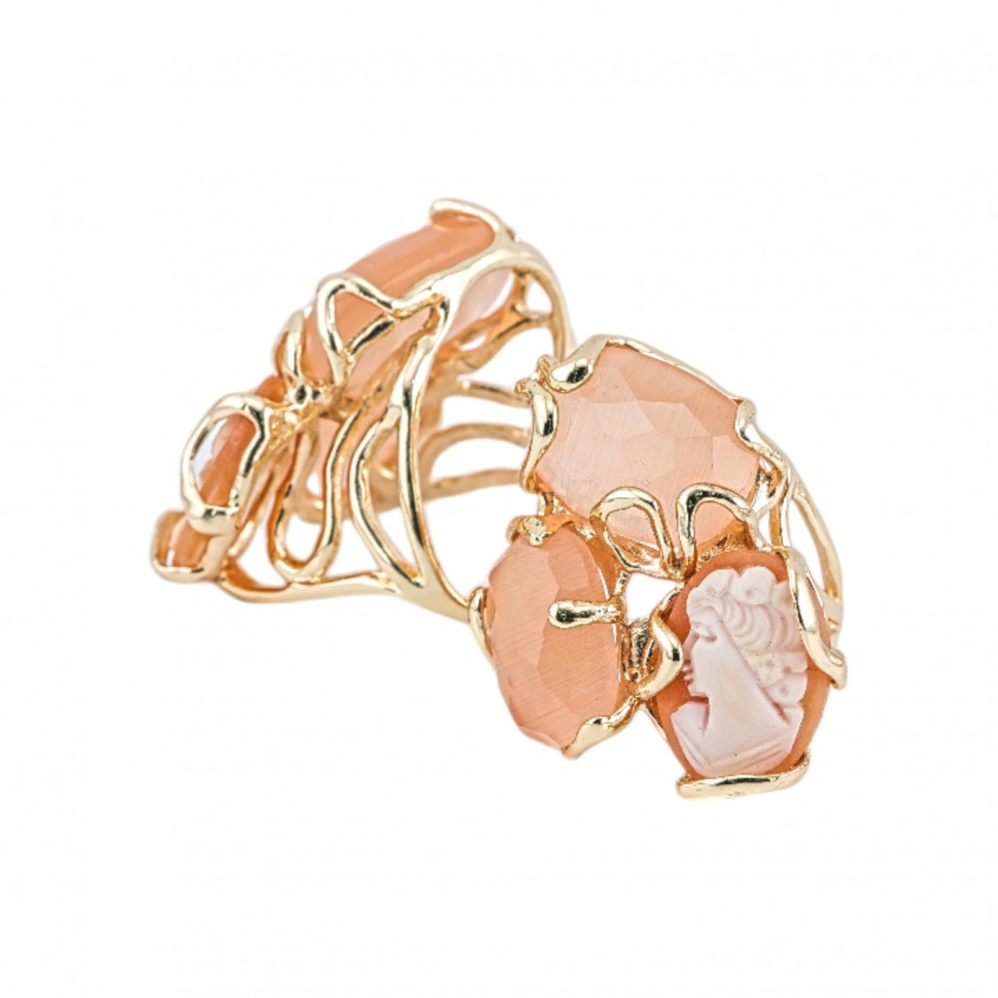 Bronze Ring AURORA Collection 32x36mm With Cat's Eye Adjustable Size With Natural Cameo Golden Light Orange-BRONZE RINGS AND CAT'S EYE | Worldofjewel.com