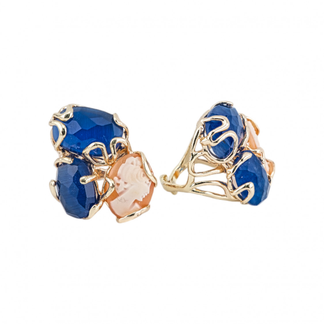 Anillo de Bronce Colección AURORA 32x36mm Con Ojo de Gato Tamaño Ajustable con Camafeo Dorado Azul Natural-ANILLOS DE BRONCE Y OJO DE GATO | Worldofjewel.com