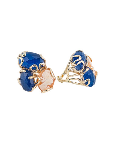 Anillo de Bronce Colección AURORA 32x36mm Con Ojo de Gato Tamaño Ajustable con Camafeo Dorado Azul Natural-ANILLOS DE BRONCE Y OJO DE GATO | Worldofjewel.com