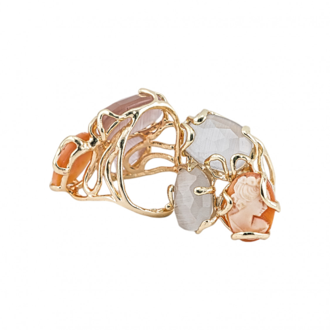 Bague Bronze Collection AURORA 32x36mm Avec Oeil de Chat Taille Ajustable Avec Camée Gris Doré Naturel-BAGUES EN BRONZE ET ŒIL DE CHAT | Worldofjewel.com