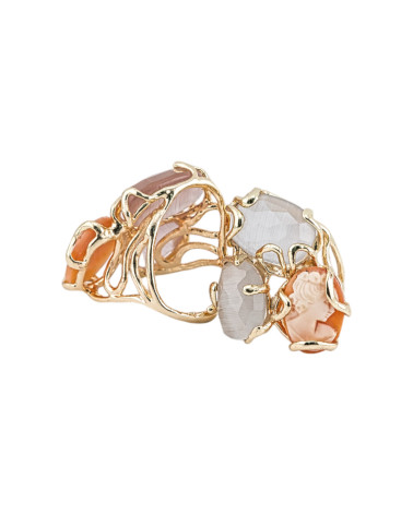 Anello Regolabile in Bronzo Dorato Collezione AURORA con Occhio Di Gatto Con Cammeo Naturale Grigio | Gioiello Artigianale Do-ANELLI BRONZO CON PIETRE INCASTONATE | Worldofjewel.com