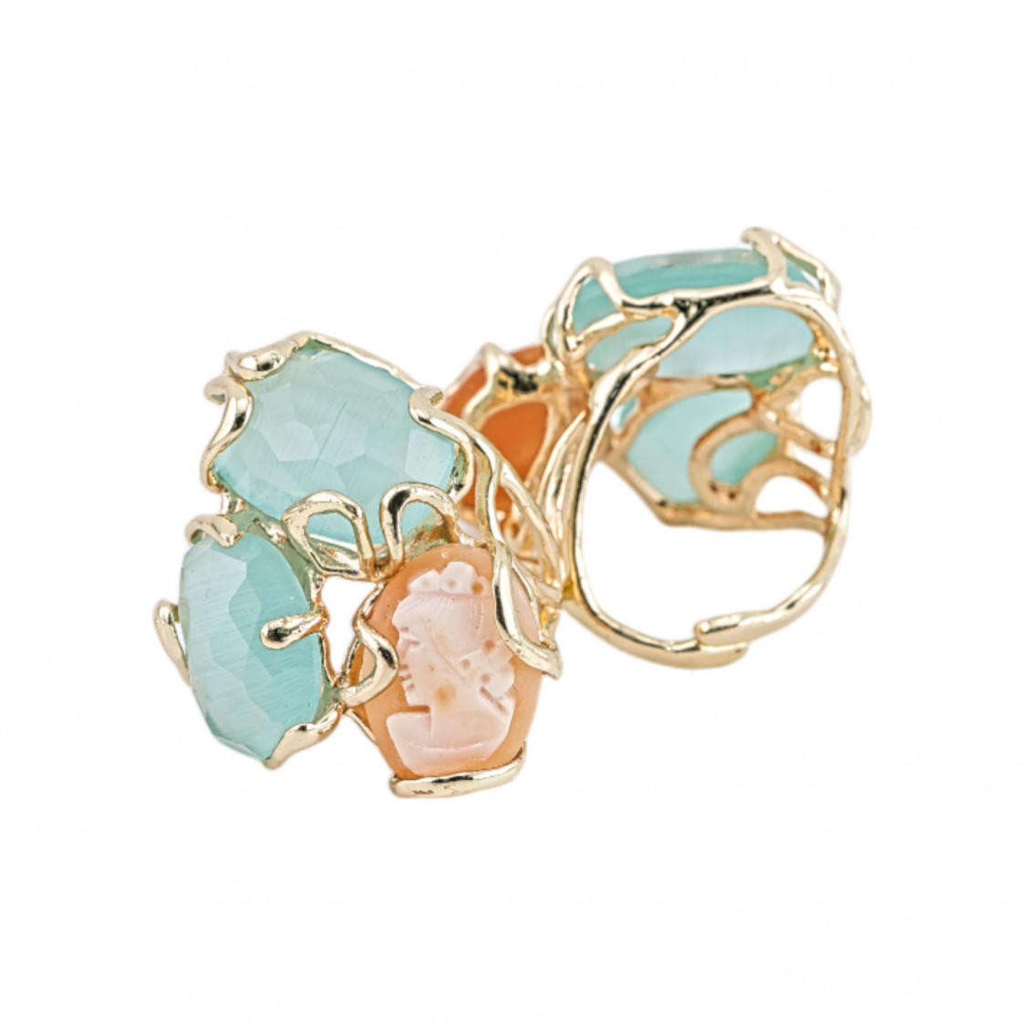Bague Bronze Collection AURORA 32x36mm Avec Oeil de Chat Taille Ajustable Avec Camée Vert d'eau Doré Naturel-BAGUES EN BRONZE ET ŒIL DE CHAT | Worldofjewel.com