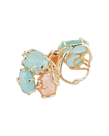 Bague Bronze Collection AURORA 32x36mm Avec Oeil de Chat Taille Ajustable Avec Camée Vert d'eau Doré Naturel-BAGUES EN BRONZE ET ŒIL DE CHAT | Worldofjewel.com