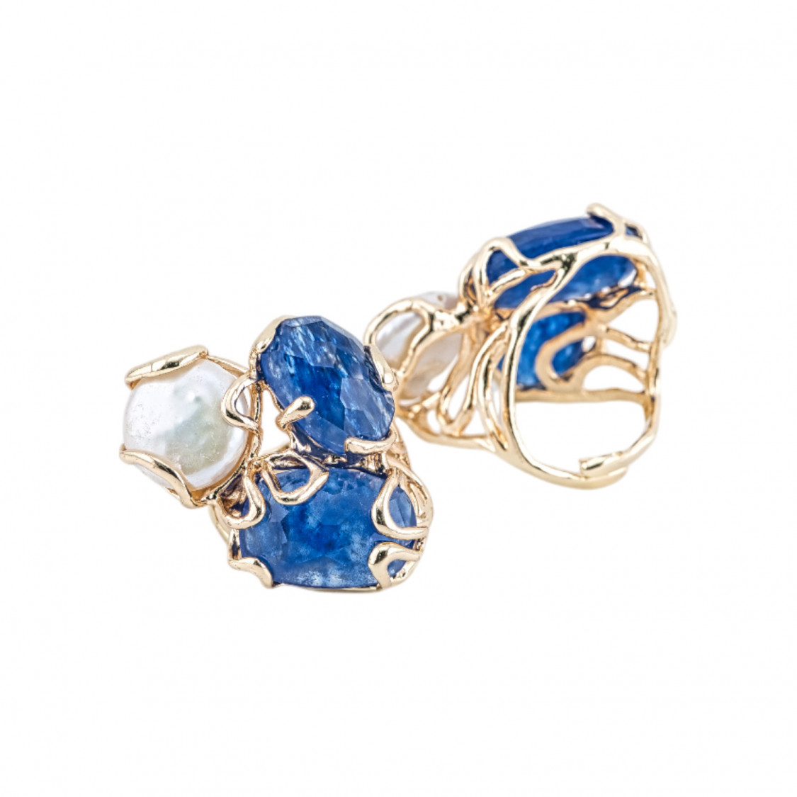 Anillo de Bronce Colección AURORA 32x36mm Con Ojo de Gato Tamaño Ajustable con Perlas de Río Azul Doradas-ANILLOS DE BRONCE Y OJO DE GATO | Worldofjewel.com