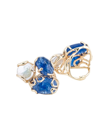 Anello Regolabile in Bronzo Dorato Collezione AURORA con Occhio Di Gatto Con Perle Di Fiume Blu | Gioiello Artigianale Donna -ANELLI BRONZO CON PIETRE INCASTONATE | Worldofjewel.com