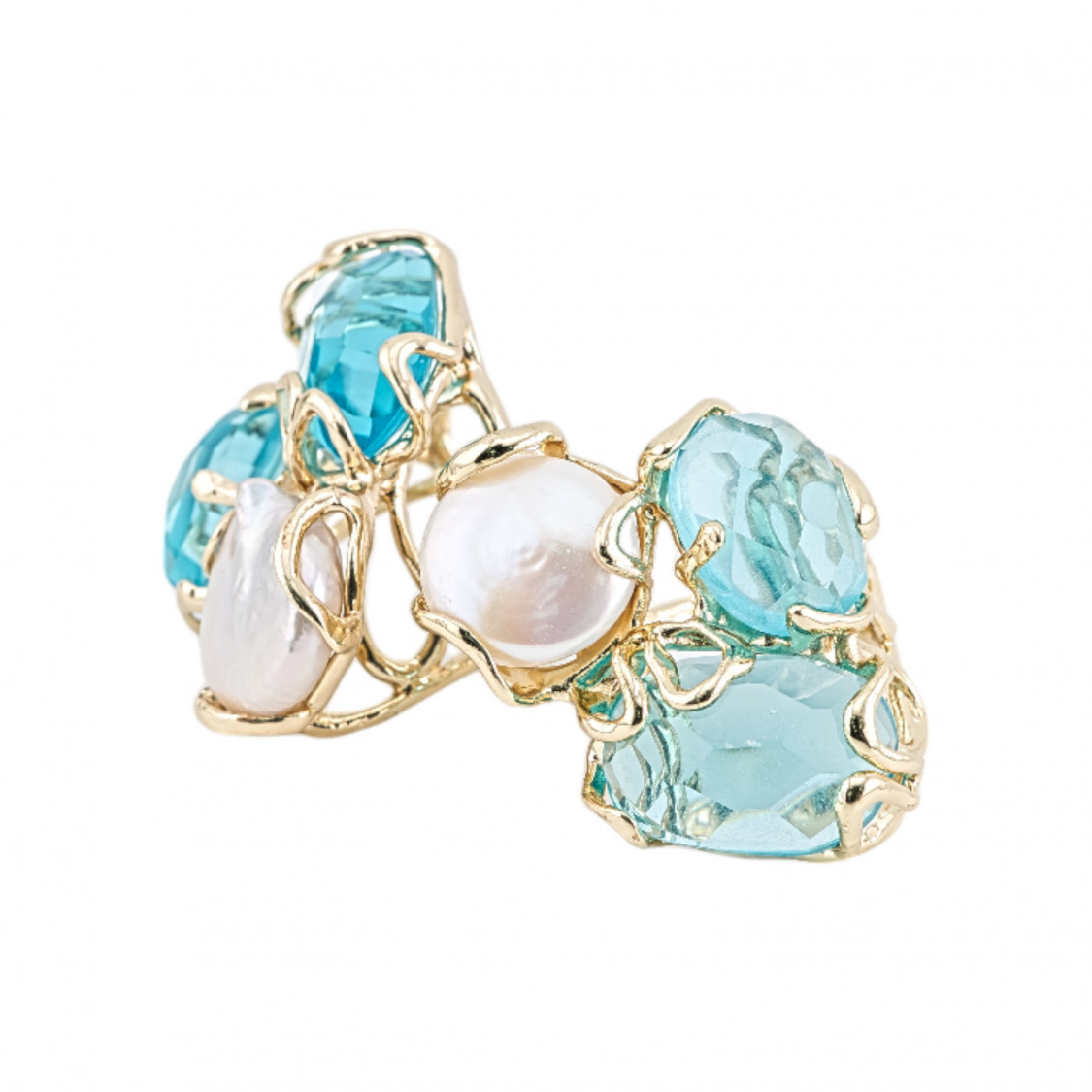 Bague Bronze Collection AURORA 32x36mm Avec Oeil de Chat Taille Ajustable Avec Perles Cyan Golden River-BAGUES EN BRONZE ET ŒIL DE CHAT | Worldofjewel.com
