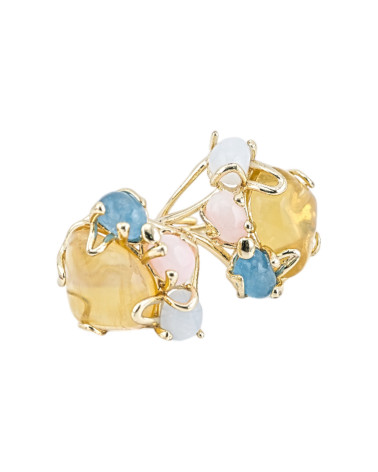 Bronzering AURORA-Kollektion mit 4 Natursteinen 26 x 31 mm, verstellbare Größe, goldener Bernstein, blau, weiß-BRONZERINGE UND KATZENAUGE | Worldofjewel.com
