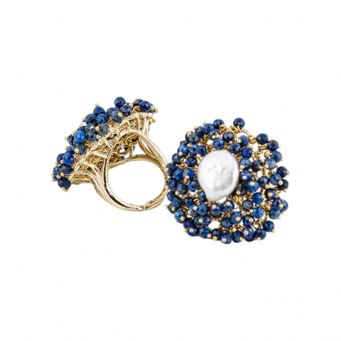 Bague Bronze Avec Perles Et Perles D'eau Douce 30x32mm Taille Ajustable Doré Bleu Foncé-BAGUES EN BRONZE ET ŒIL DE CHAT | Worldofjewel.com