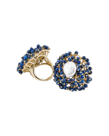Bague Bronze Avec Perles Et Perles D'eau Douce 30x32mm Taille Ajustable Doré Bleu Foncé-BAGUES EN BRONZE ET ŒIL DE CHAT | Worldofjewel.com