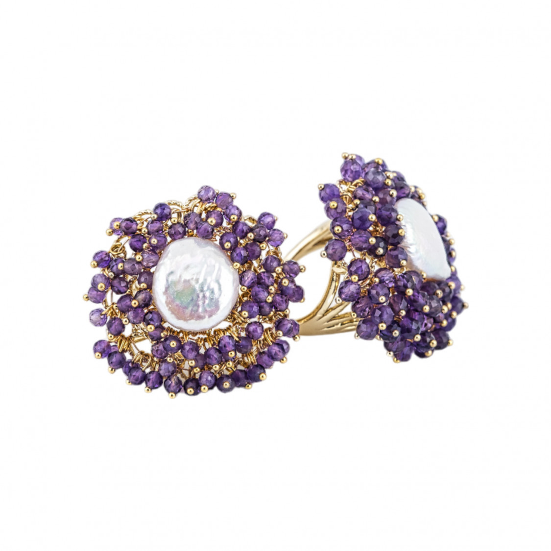 Bague Bronze Avec Perles Et Perles D'eau Douce 30x32mm Taille Ajustable Doré Violet-BAGUES EN BRONZE ET ŒIL DE CHAT | Worldofjewel.com