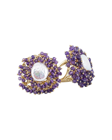 Bague Bronze Avec Perles Et Perles D'eau Douce 30x32mm Taille Ajustable Doré Violet-BAGUES EN BRONZE ET ŒIL DE CHAT | Worldofjewel.com