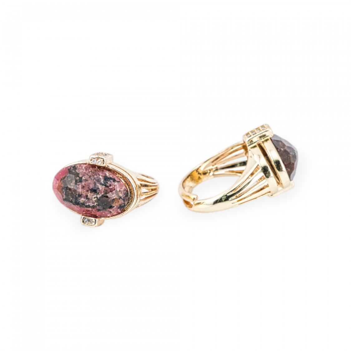 Anello Di Bronzo Con Pietre Dure E Zirconi Incastonati Ovale 18x18mm Misura Regolabile Dorato Antracite-ANELLI BRONZO CON PIETRE INCASTONATE | Worldofjewel.com