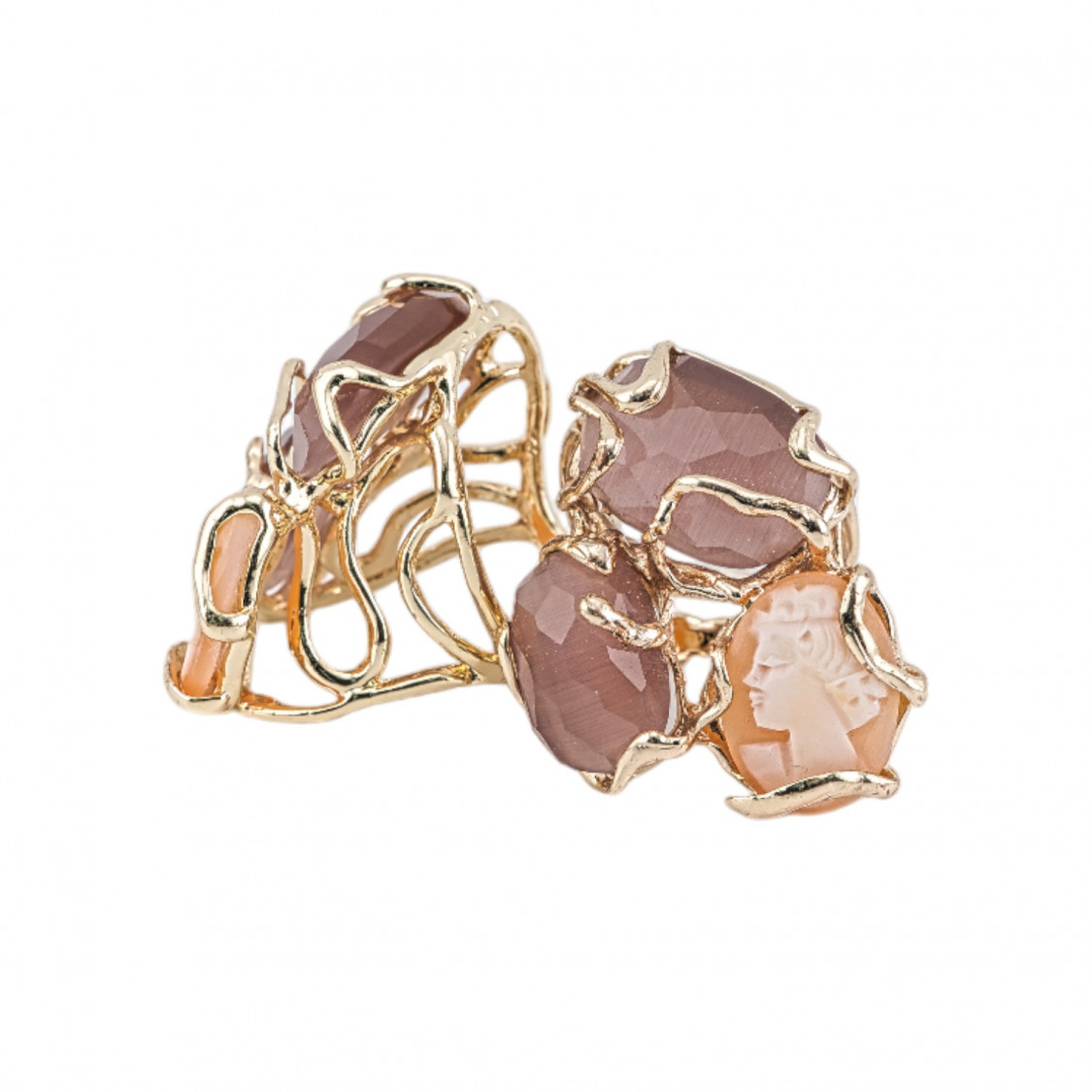 Anello Regolabile in Bronzo Dorato Collezione AURORA con Occhio Di Gatto Con Cammeo Naturale Ambra e Arancione | Gioiello Art-ANELLI BRONZO CON PIETRE INCASTONATE | Worldofjewel.com