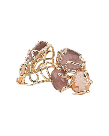 Bronze Ring AURORA Collection 32x36mm With Cat's Eye Adjustable Size With Natural Golden Amber and Orange Cameo-BRONZE RINGS AND CAT'S EYE | Worldofjewel.com