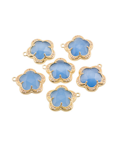 Componente Pendente Di Ottone Con Occhio Di Gatto Incastonati Fiore 5 Petali 16mm 6pz Con 1 Anellino Azzurro cielo- FIORE | Worldofjewel.com
