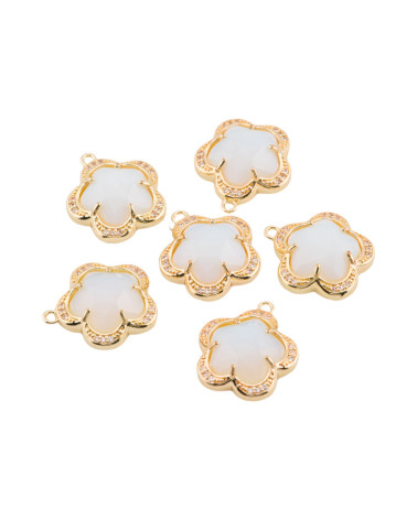 Componente Pendente Di Ottone Con Occhio Di Gatto Incastonati Fiore 5 Petali 16mm 6pz Con 1 Anellino Bianco perla- FIORE | Worldofjewel.com
