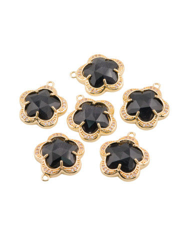 Componente Pendente Di Ottone Con Occhio Di Gatto Incastonati Fiore 5 Petali 16mm 6pz Con 1 Anellino Nero- FIORE | Worldofjewel.com