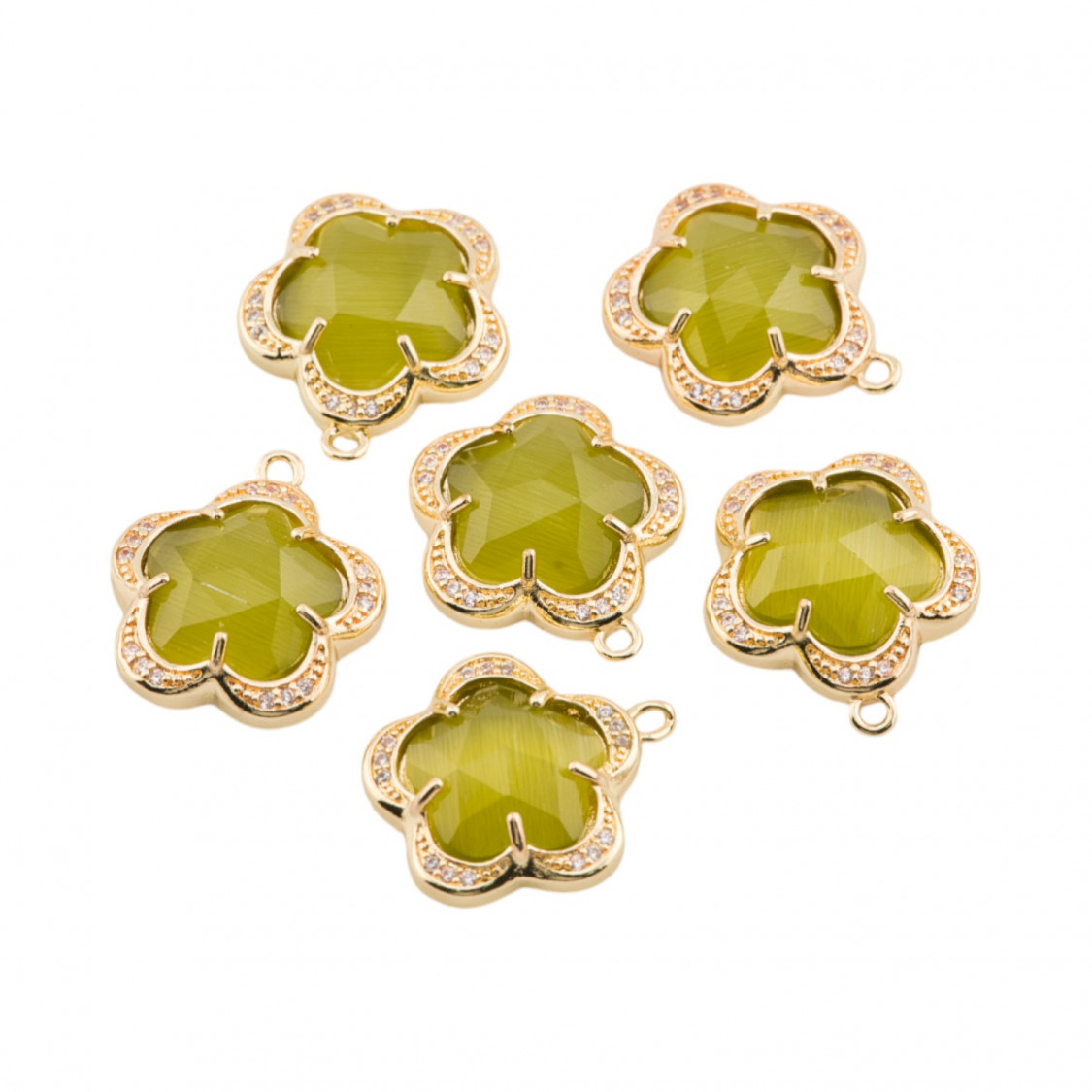 Componente Pendente Di Ottone Con Occhio Di Gatto Incastonati Fiore 5 Petali 16mm 6pz Con 1 Anellino Oliva- FIORE | Worldofjewel.com