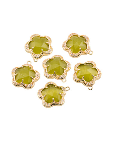 Componente Pendente Di Ottone Con Occhio Di Gatto Incastonati Fiore 5 Petali 16mm 6pz Con 1 Anellino Oliva- FIORE | Worldofjewel.com