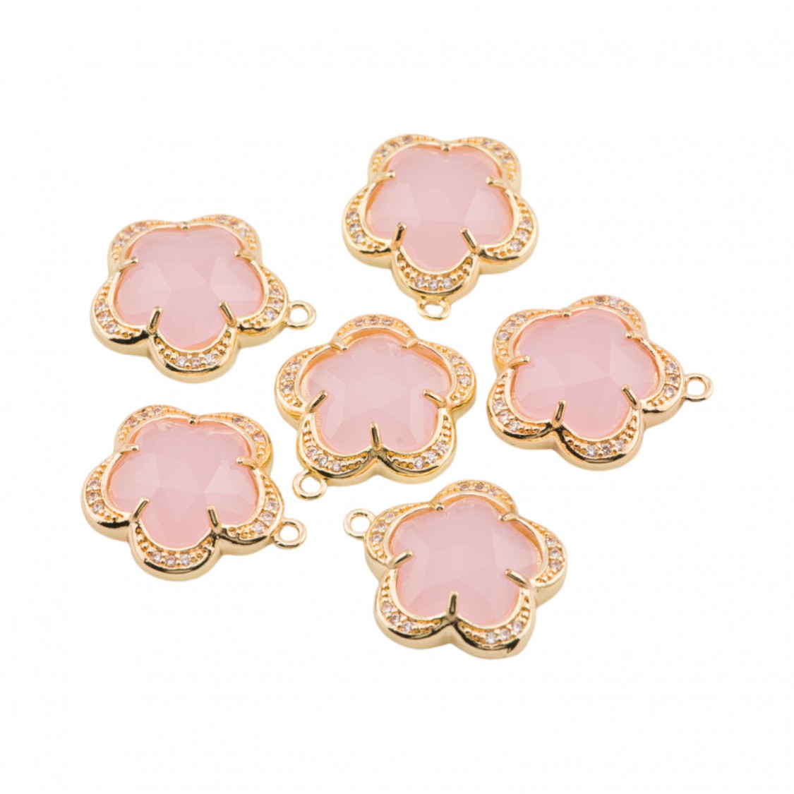 Componente Pendente Di Ottone Con Occhio Di Gatto Incastonati Fiore 5 Petali 16mm 6pz Con 1 Anellino Rosa- FIORE | Worldofjewel.com