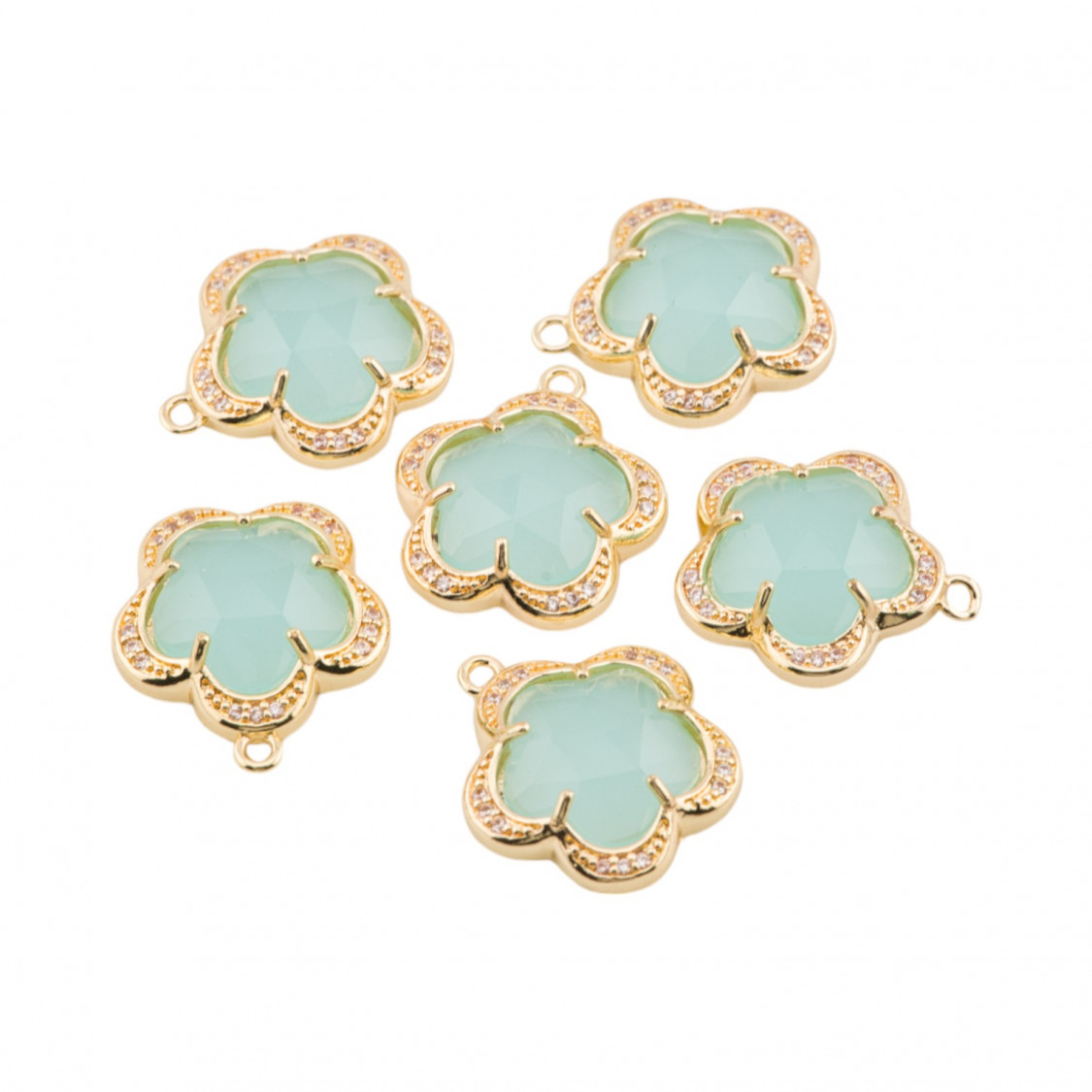 Componente Pendente Di Ottone Con Occhio Di Gatto Incastonati Fiore 5 Petali 16mm 6pz Con 1 Anellino Verde acqua- FIORE | Worldofjewel.com
