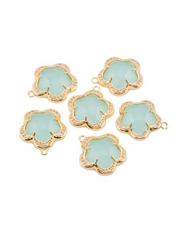 Componente Pendente Di Ottone Con Occhio Di Gatto Incastonati Fiore 5 Petali 16mm 6pz Con 1 Anellino Verde acqua- FIORE | Worldofjewel.com