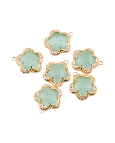 Componente Pendente Di Ottone Con Occhio Di Gatto Incastonati Fiore 5 Petali 16mm 6pz Con 1 Anellino Verde Chiaro- FIORE | Worldofjewel.com