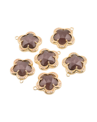 Componente Pendente Di Ottone Con Occhio Di Gatto Incastonati Fiore 5 Petali 16mm 6pz Con 1 Anellino Vinaccia- FIORE | Worldofjewel.com