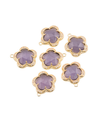 Componente Pendente Di Ottone Con Occhio Di Gatto Incastonati Fiore 5 Petali 16mm 6pz Con 1 Anellino Viola- FIORE | Worldofjewel.com