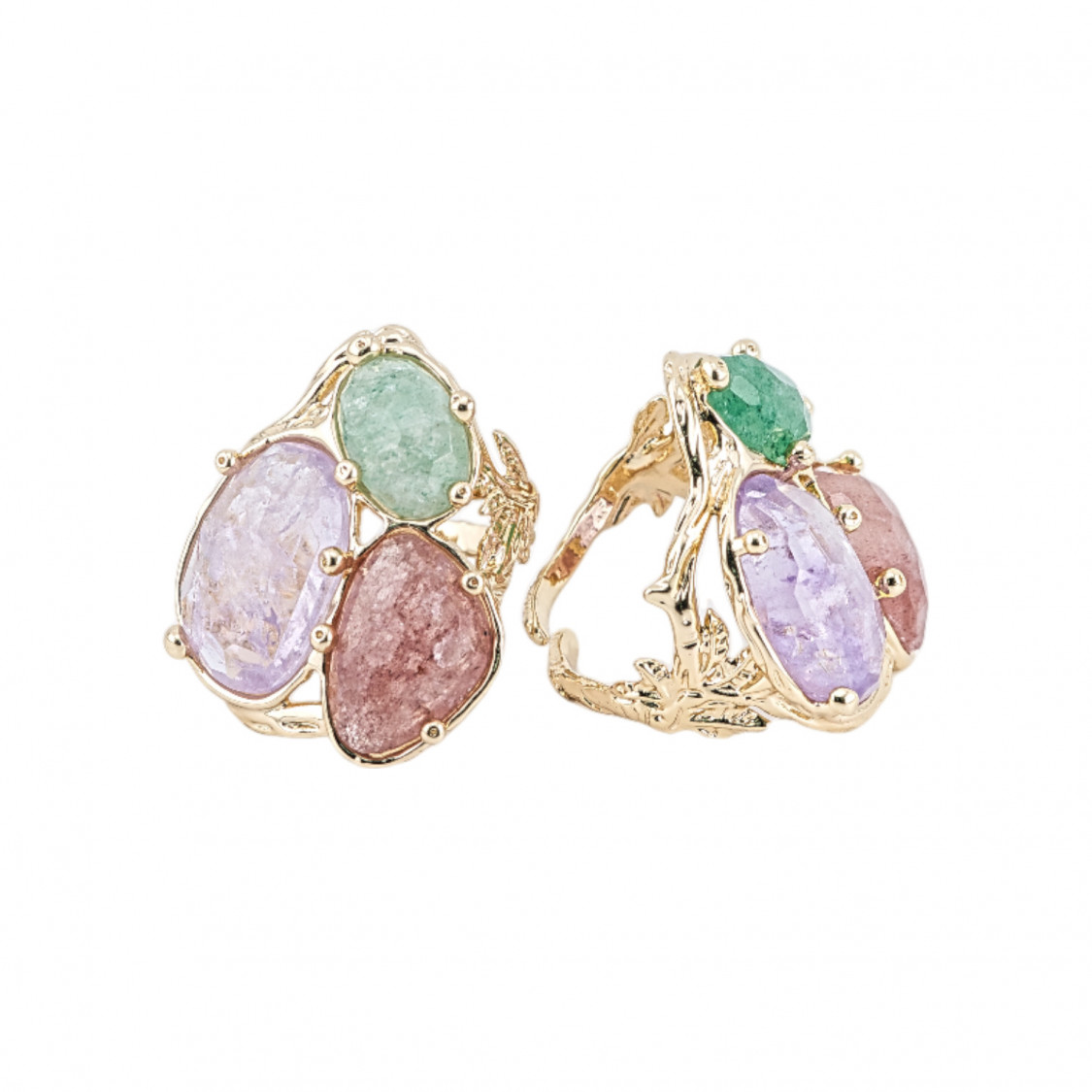Anello Di Bronzo Collezione AURORA Con 3 Pietre Naturali 27x34mm Disegno Floreale Misura Regolabile Dorato Viola Rosso e Verde-BRONZE RINGS AND CAT'S EYE | Worldofjewel.com