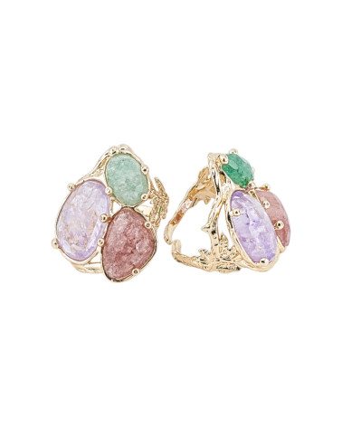 Anello Di Bronzo Collezione AURORA Con 3 Pietre Naturali 27x34mm Disegno Floreale Misura Regolabile Dorato Viola Rosso e Verde-BRONZE RINGS AND CAT'S EYE | Worldofjewel.com