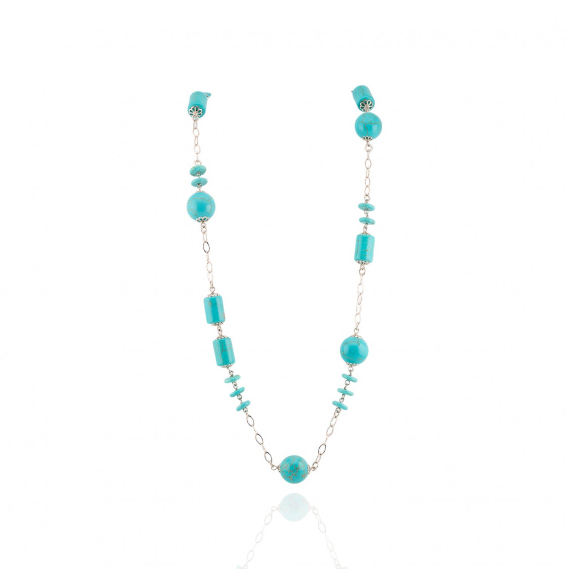 Collana Di Argento 925 Con Catena E Aulite Turchese Sfere E Fantasie Lisce 91cm + 5,5cm-COLLANE DI ARGENTO 925 | Worldofjewel.com