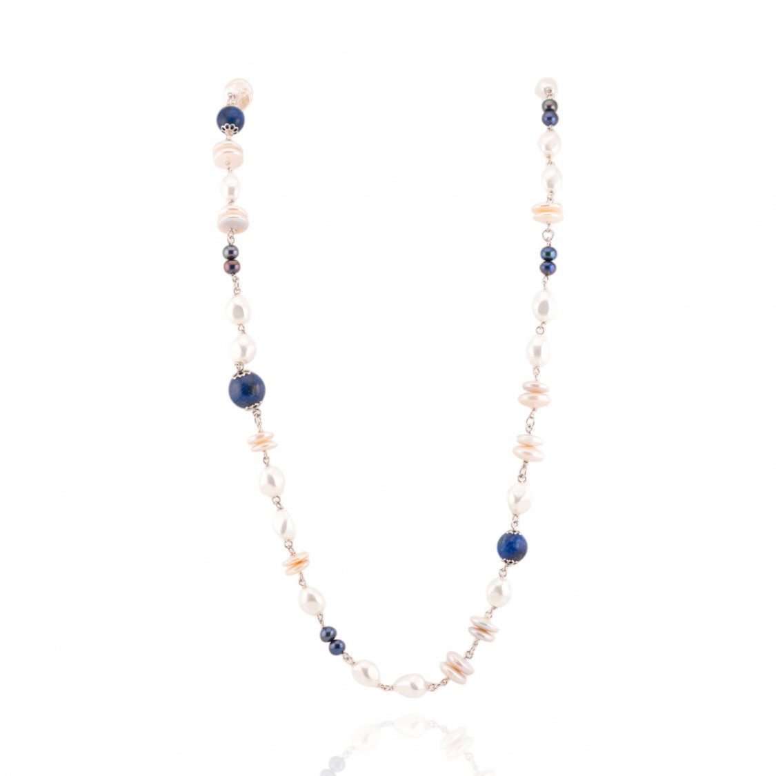Collana Di Argento 925 Con Sfere Di Lapisllazzuli E Perle Bianche 92cm-COLLANE DI ARGENTO 925 | Worldofjewel.com