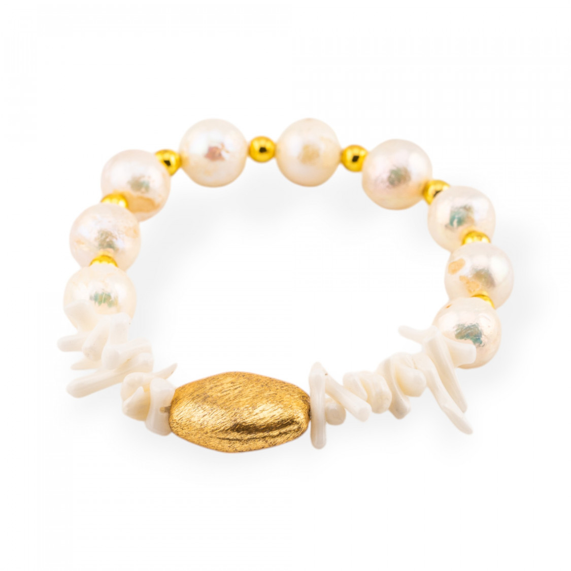 Bracciale Di Perle Di Fiume Barocche Con Corallo Bamboo E Bronzo Bianco-BRACCIALI DI PIETRE E PERLE | Worldofjewel.com